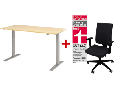 Büromöbel Aktions-Set - Elektrischer Schreibtisch 160 x 80 cm silber/ahorn + NowyStyl Bürodrehstuhl Navigo 