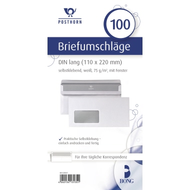 POSTHORN Briefumschlag 02220617 DIN lang mit Fenster selbstklebend 75g weiß 100 Stück