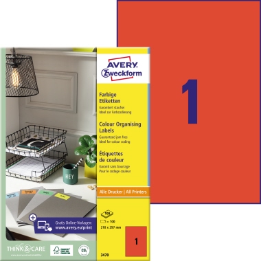 Avery Zweckform Universaletikett 3470 210x297mm rot 100 Stück