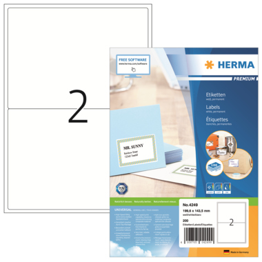 HERMA Etikett PREMIUM 4249 199,6x143,5mm A4 weiß 200 Stück