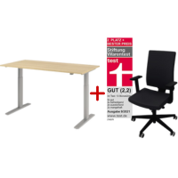 Büromöbel Aktions-Set - Elektrischer Schreibtisch 160 x 80 cm silber/eiche + NowyStyl Bürodrehstuhl Navigo 