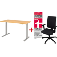Büromöbel Aktions-Set - Elektrischer Schreibtisch 160 x 80 cm silber/buche + NowyStyl Bürodrehstuhl Navigo 
